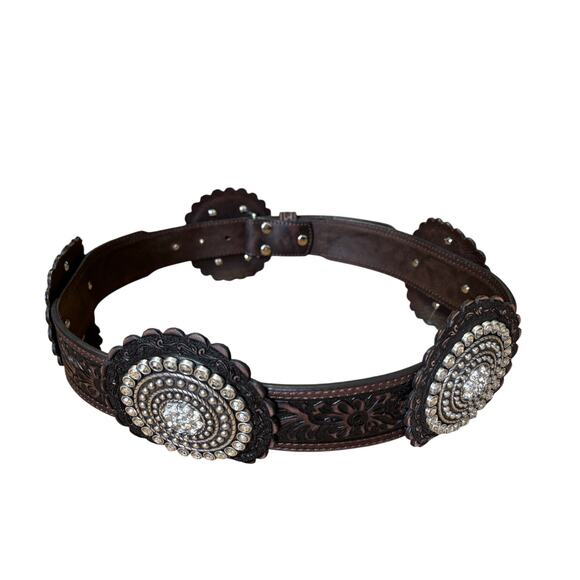Nacoma Black Ladies Western Belt Medium Rhinestone Medallions Tooled Leather main image 4